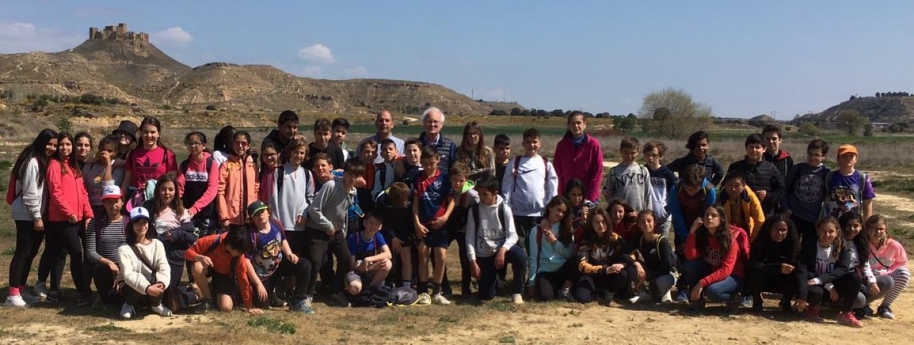 Alumnos participantes en la plantación con el castillo de Montearagón al fondo