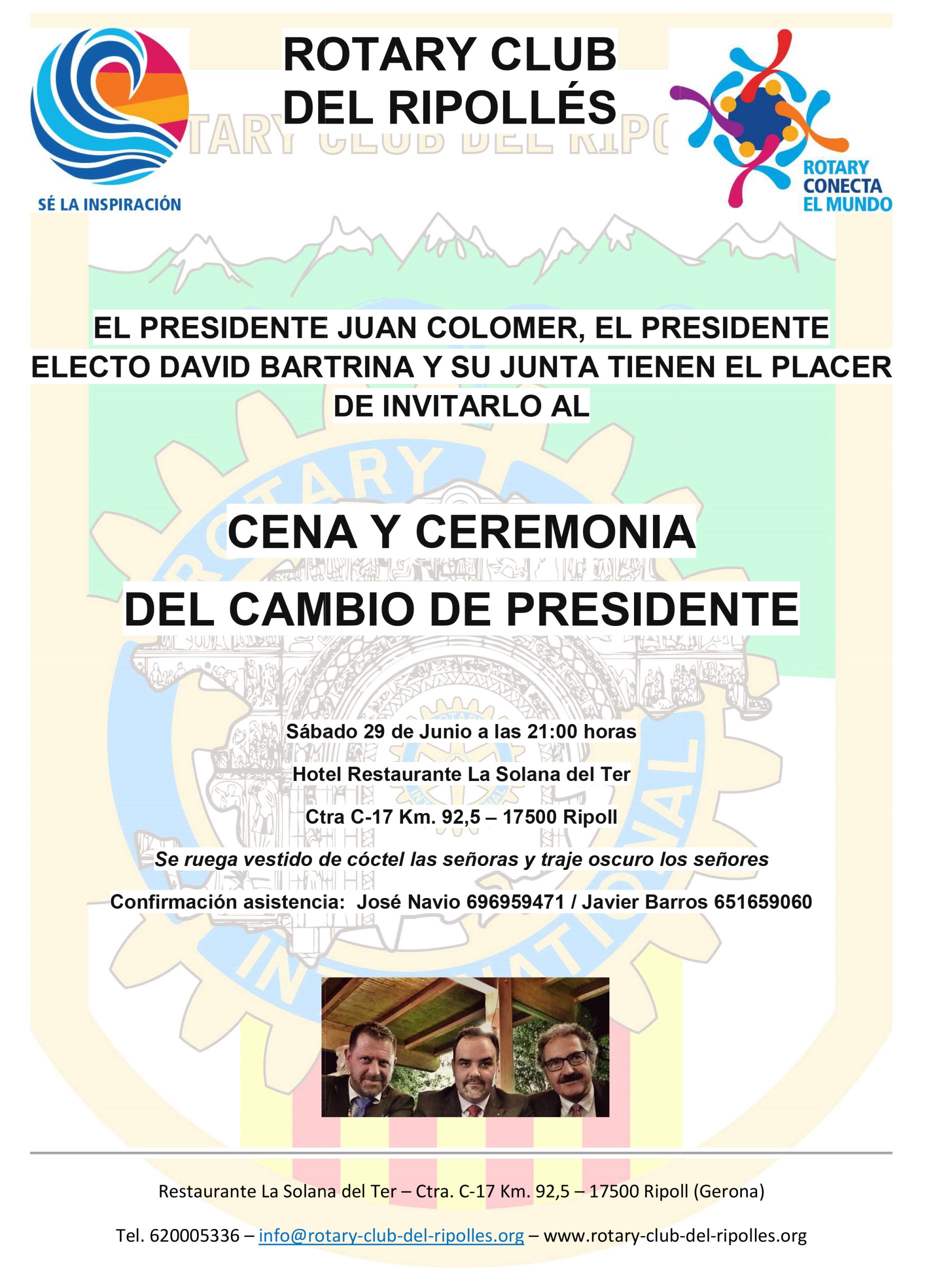 Invitación a la fiesta y ceremonia del cambio de presidente del RC de  Ripollés - Distrito 2202 de Rotary International